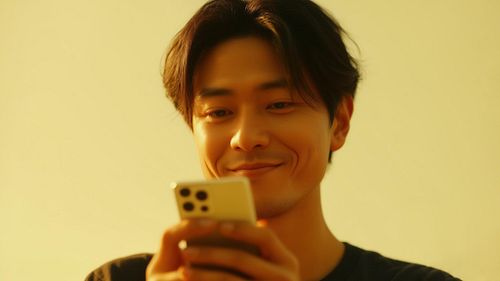 屋外でスマートフォンを持ち自信ある笑顔の男性