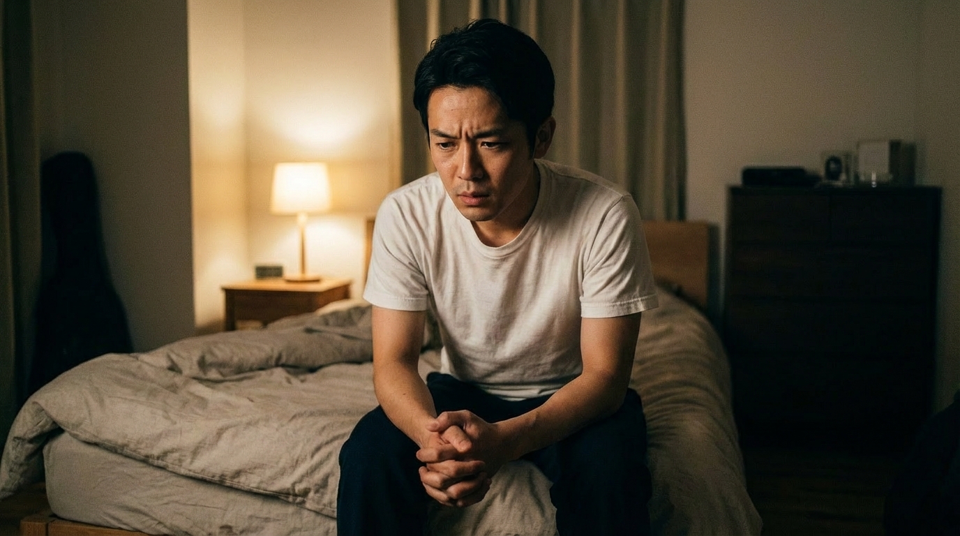 ベッドに座り不安そうな表情の若い男性