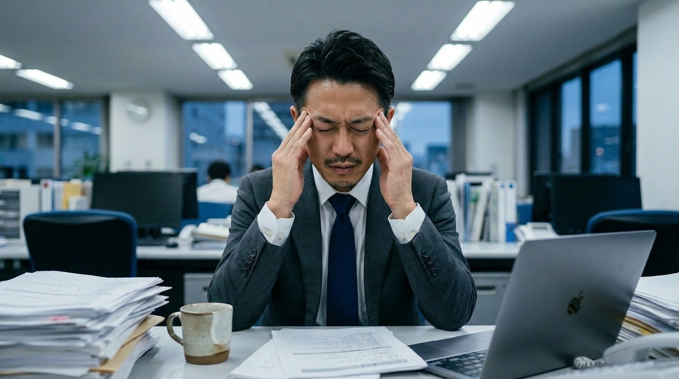 オフィスで疲労困憊した様子のビジネスマン