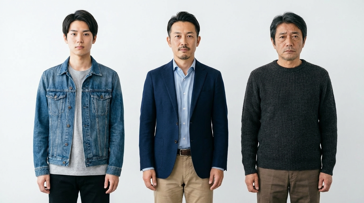 20代・40代・60代の3世代の日本人男性が並んでいる写真