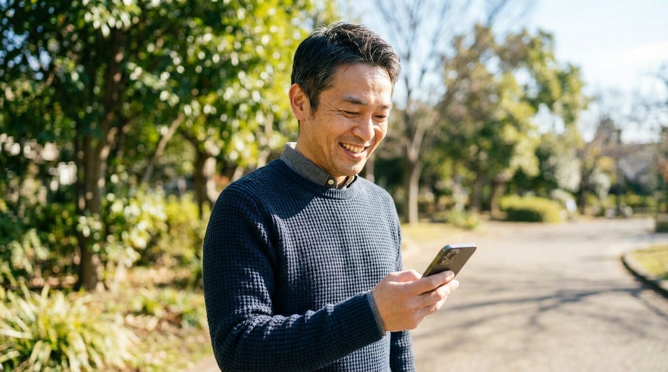 屋外でスマートフォンを持ち笑顔の男性