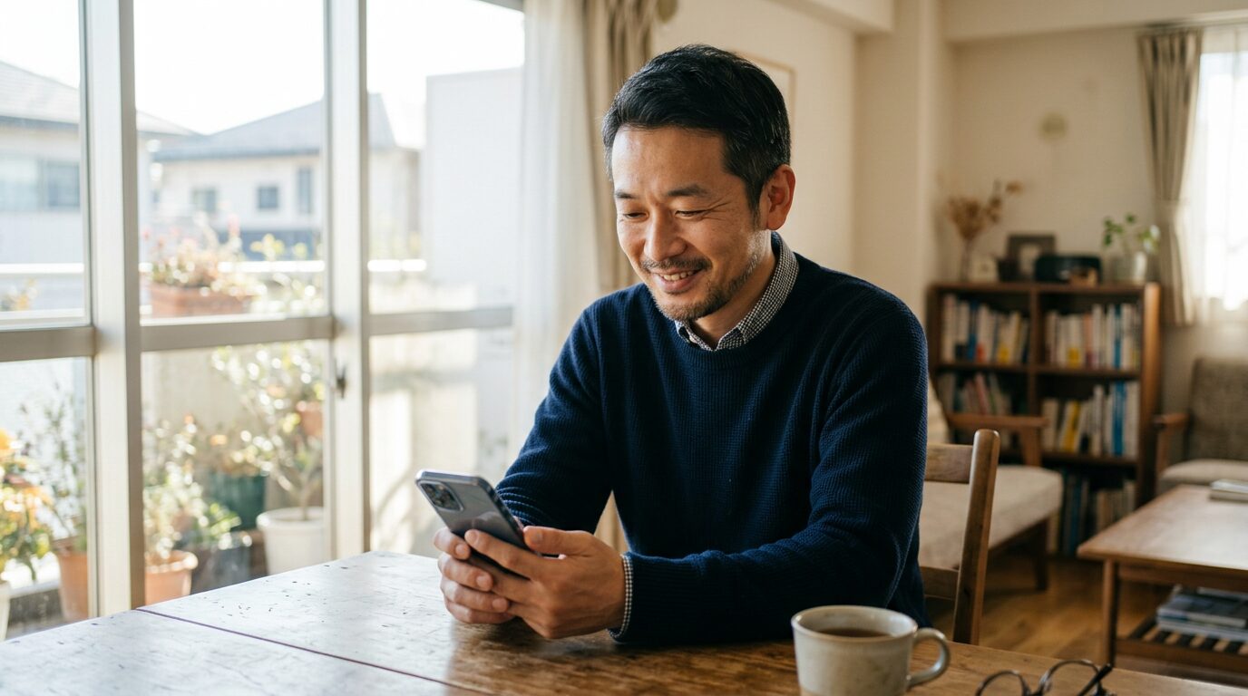スマートフォンを見て安心した表情の男性