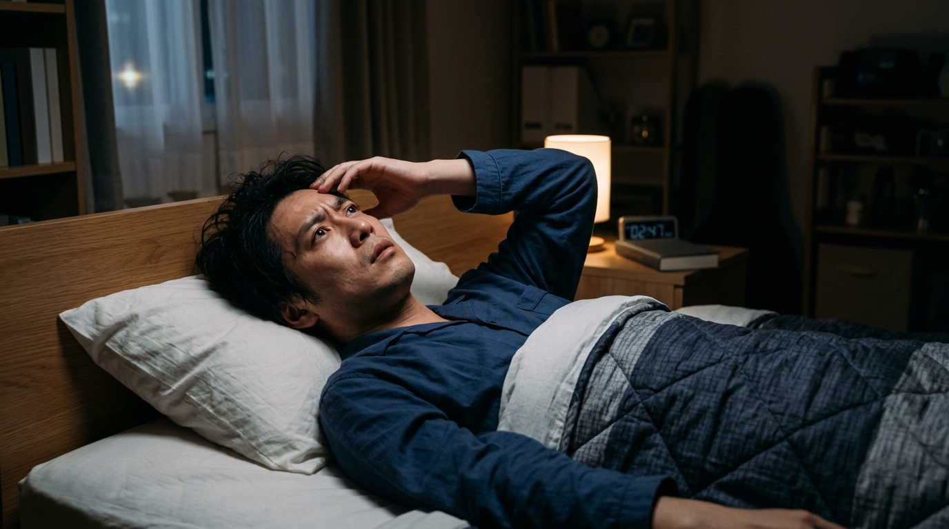 ベッドに座り頭を抱えてストレスを感じている男性