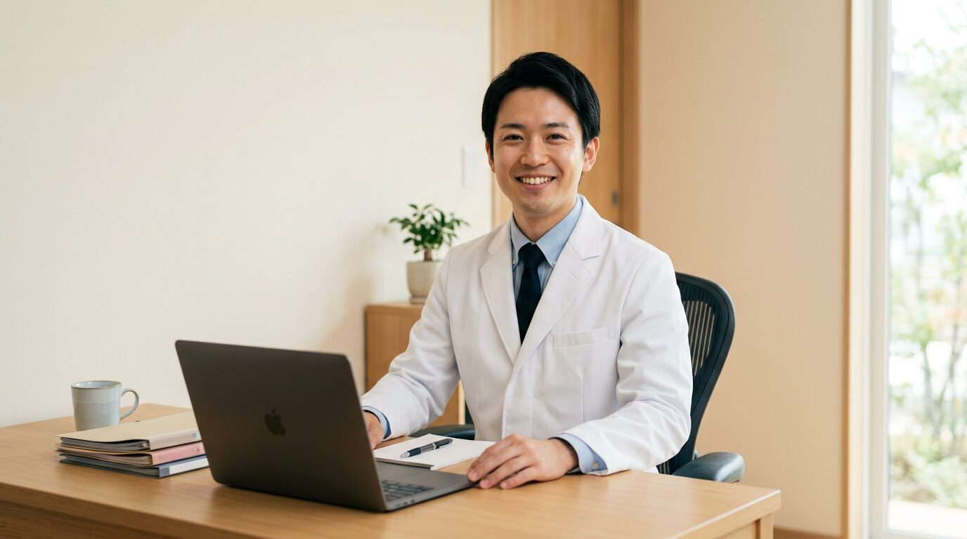 清潔なクリニックで笑顔の男性医師