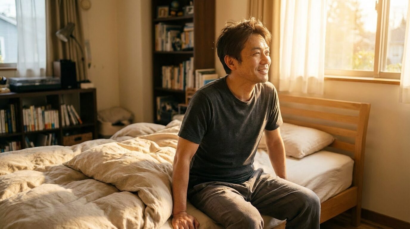 朝の光の中でベッドから起き上がる男性