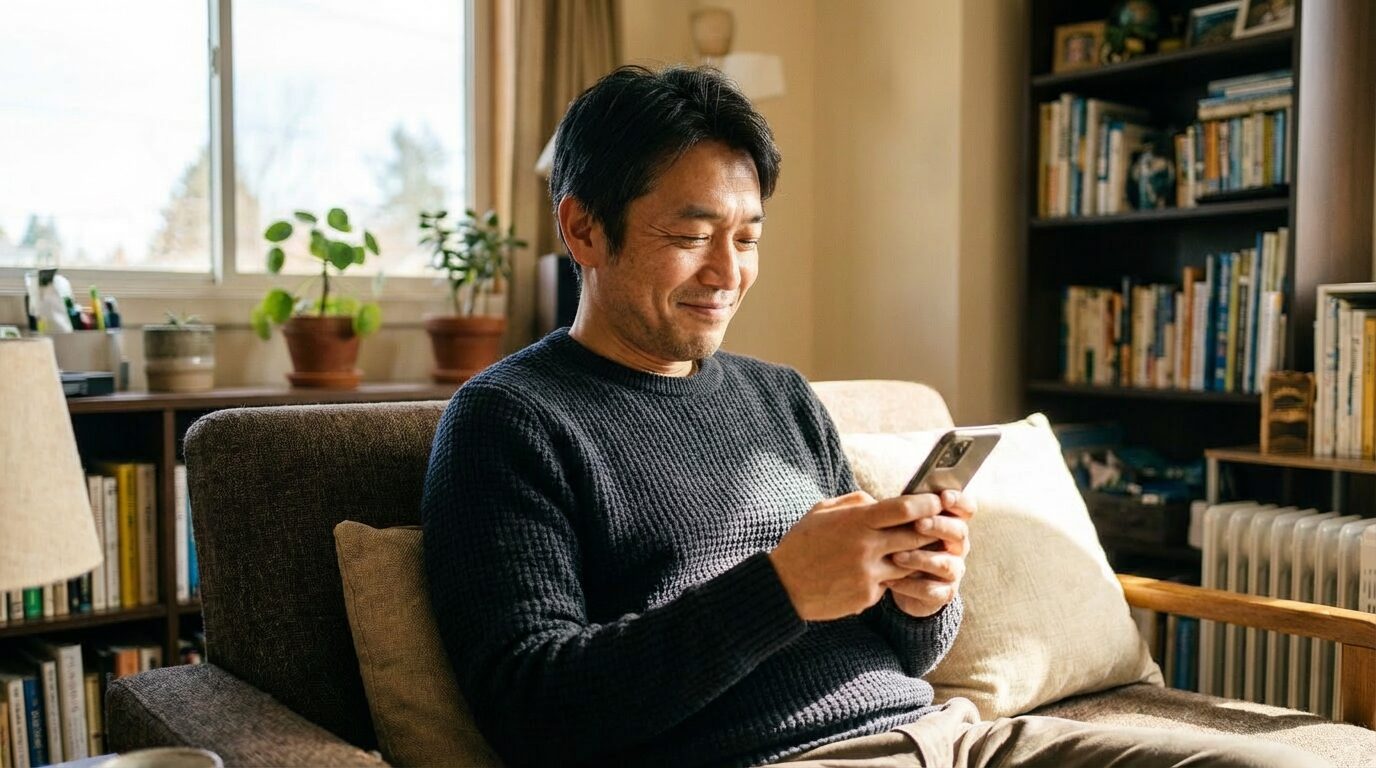 ソファでスマートフォンを持ち安堵した表情の男性
