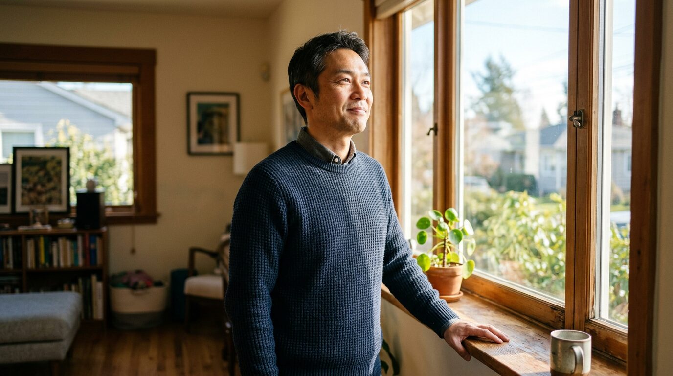 朝の窓辺で前向きな表情をしている男性