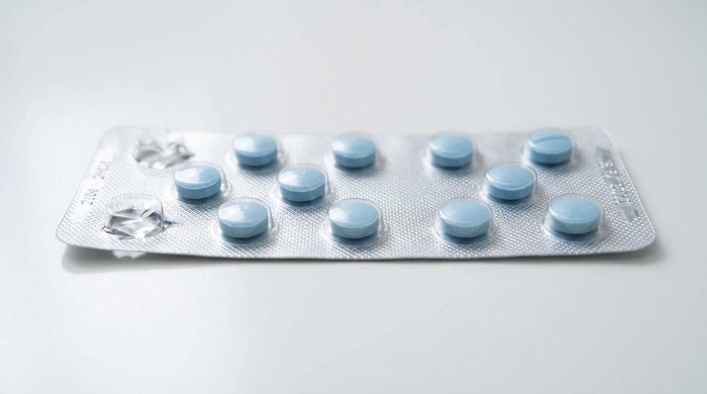 白い台の上に並べられた処方薬の錠剤イメージ