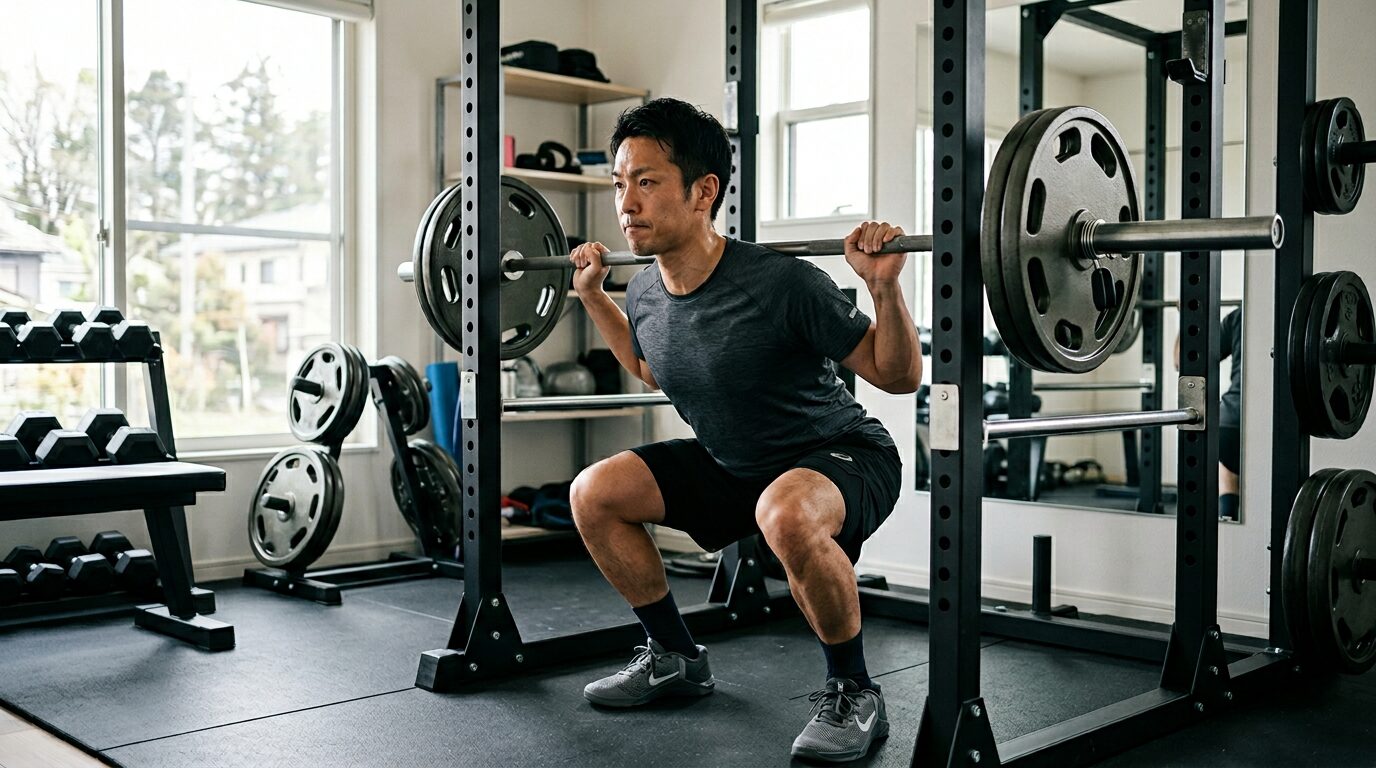自宅でスクワット運動をしている男性