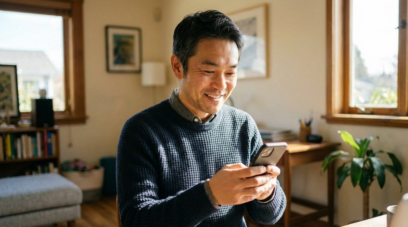 スマートフォンを見て行動を決意している男性