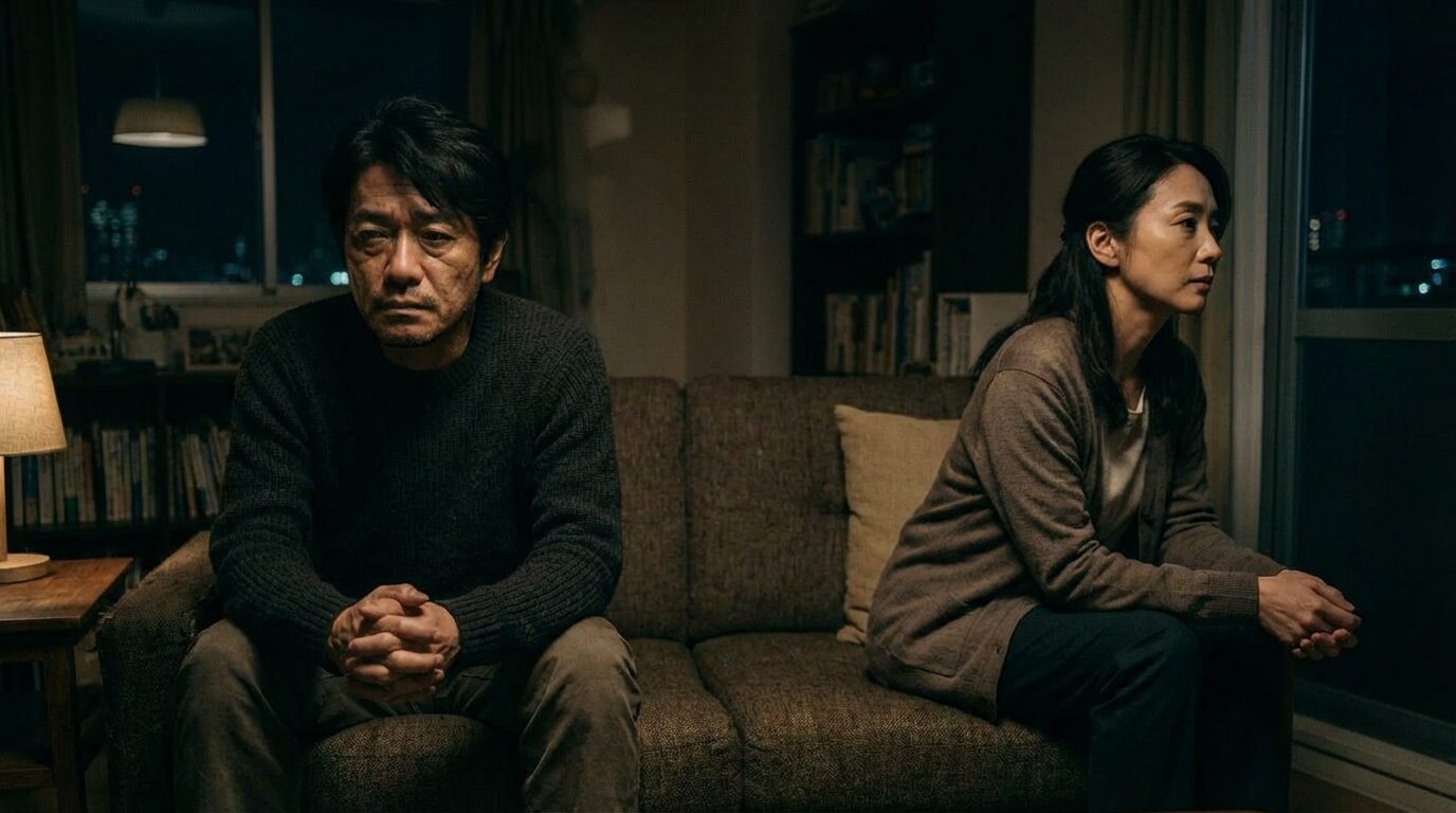 ソファに座り距離を置いているカップル