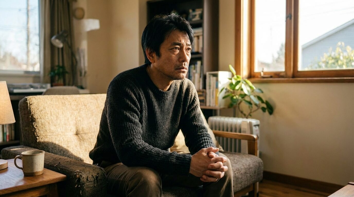 ソファで遠くを見つめて迷っている男性