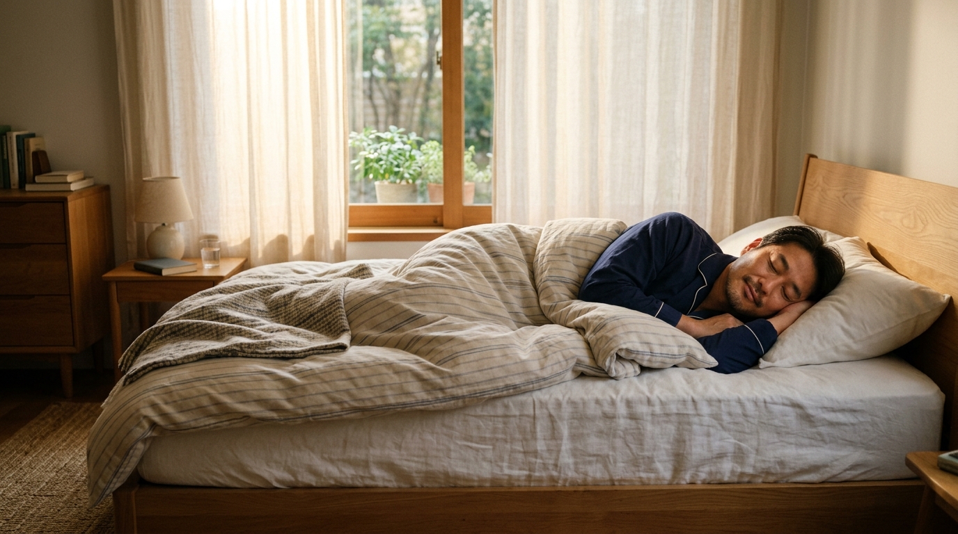 朝日の差し込む部屋で気持ちよく眠っている男性