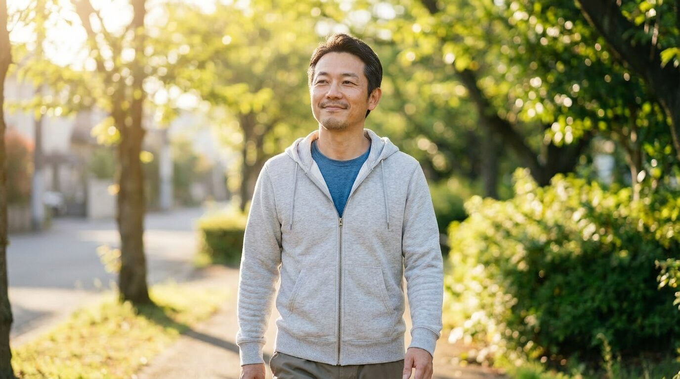 晴れた日の朝に散歩をしている男性