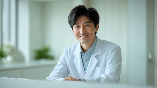 クリニックで笑顔の男性医師